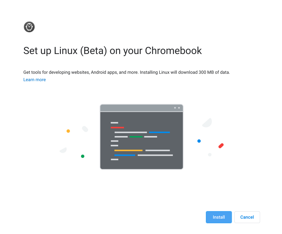 Image of the Linux setup wizard, there are two buttons at the bottom right, the first button is blue and labeled "install." The second button is white and labeled "cancel."