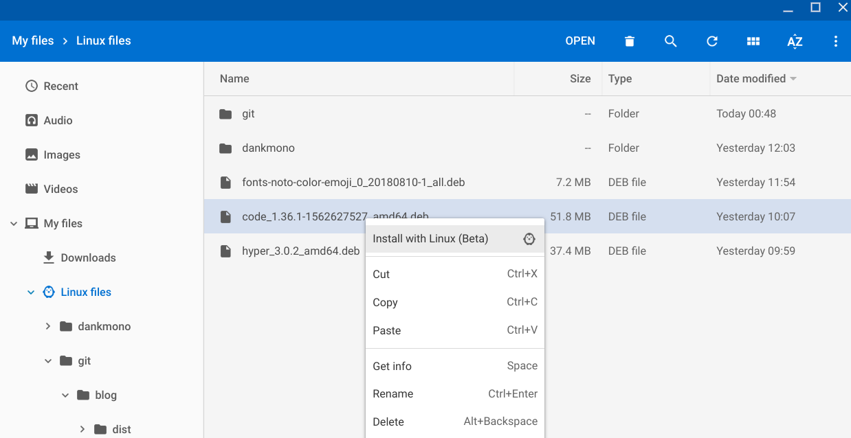 Image of Chrome file explorer, contains context menu for VSCode Debian file, the first item is "Install with Linux (Beta)"