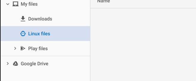 Image of the chrome file explorer, contains the section "Linux files" which is prefixed by a penguin icon.
