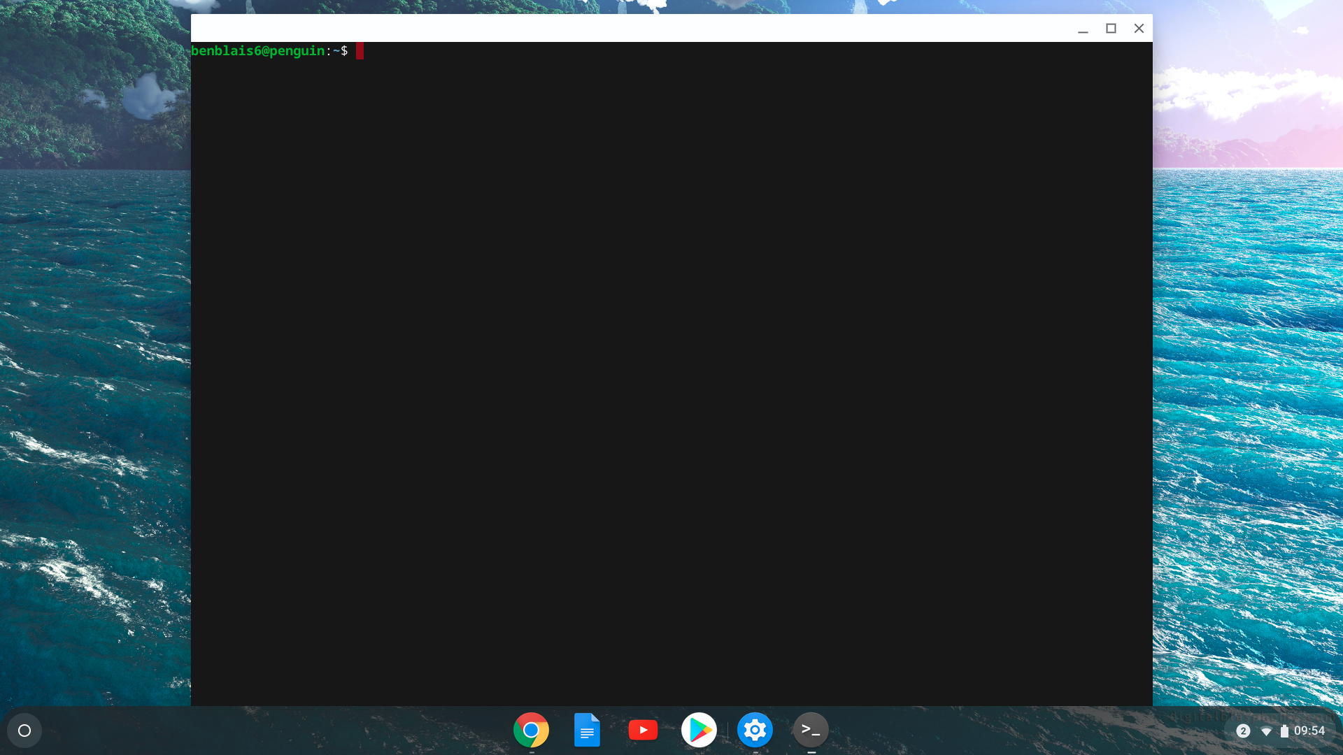 Image of the ChromeOS desktop with a terminal window open, prompt reads "benblais6@penguin:~$ "