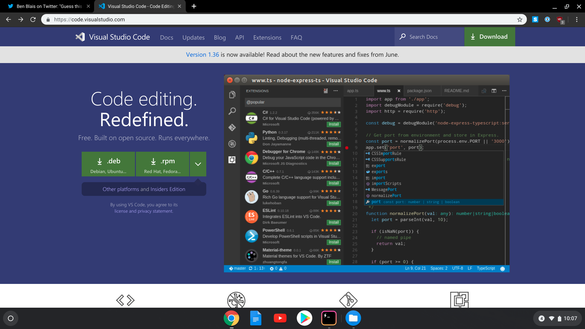 Image of the VSCode download page, there are two green buttons, top one says .deb bottom one says .rpm'